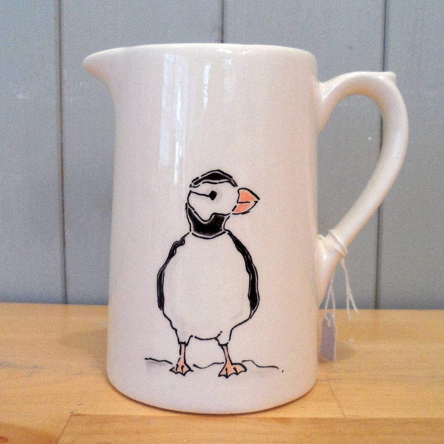 hand painted farmhouse puffin jug by fired arts and crafts